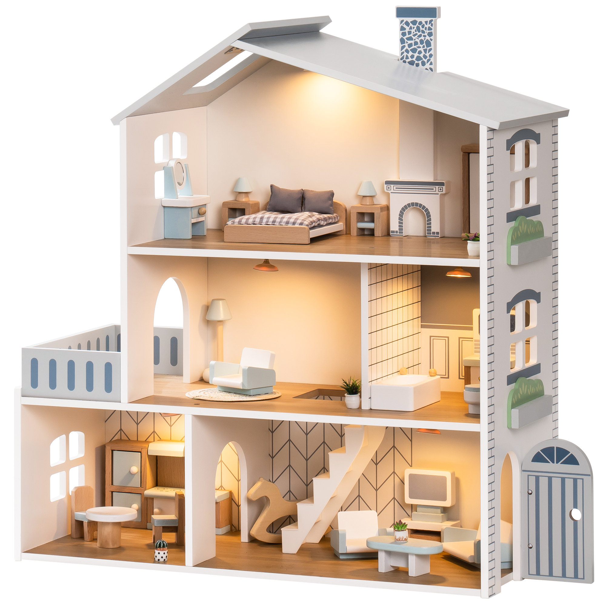 ROBUD Wooden Doll House with 29 Pieces of Furniture and Enchanting